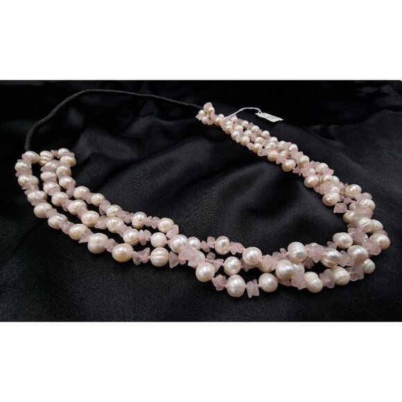 MLD Signed Freshwater Pearl & Rose Quartz Triple Strand Necklace - Picture 2 of 5